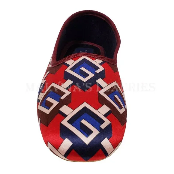 GUCCI SHOES GEOMETRIC G LOGO RED BLUE WHITE SATIN SLIPPER sz 39 9 US